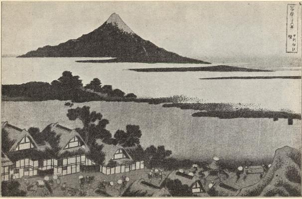 Japansk by. <smalI bakgrunden berget Fusijama. Efter japanskt träsnitt.</smal