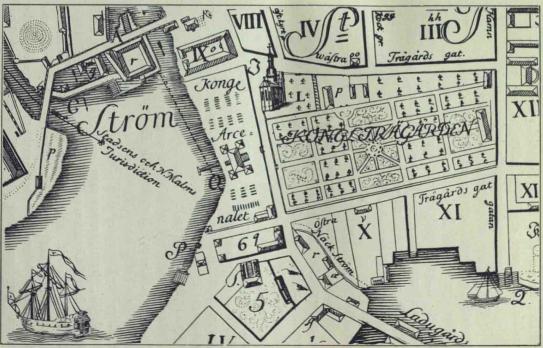 KUNGSTRÄDGÅRDEN MED NÄRMASTE OMGIFNINGAR PÅ 1730-TALET.<b<b<span class=