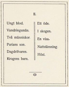 II.<bUngt blod.<bVandringsmän.<bTvå människor.<bParians son.<bDagdrifvaren.<bKrogens barn.<bEtt öde.<bI skogen.<bEn visa.<bNattstämning.<bHöst.