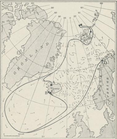 KARTA ÖVER DE FUNNA FLYTBOJARNAS DRIFT<b<bCOPYRIGHT    GENERALSTABENS LITOGR. ANSTALT   STOCKHOLM<b<bKarta över de funna Andréebojarnas sannolika drift. A = bojen n:r 7,<b<bB = bojen n:r 8,  C = bojen n:r 3, ,D = bojen n:r 4,  E = "polbojen".<b<bStrömmarna i havet  mellan  Island och  Spetsbergen efter Nansen och<b<bHelland-Hansen.