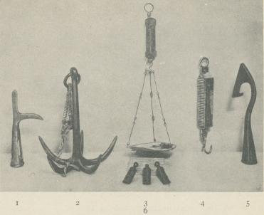 Diverse fynd från lägret:  1, båtshaken genom vilken lägret<bidentifierades;  2, draggankare;  3  och 4, fjädervågar;  5 harpun; 6, tre<bvisselpipor av horn. 1, 3, 5 från båten; 2, 4, 6 "Isbjörns" fynd.