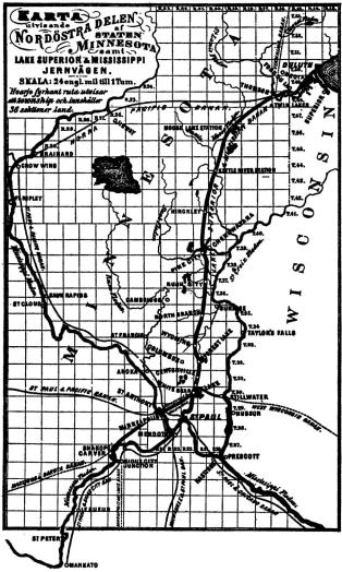 KARTA utvisande NORDÖSTRA DELEN af STATEN MINNESOTA samt LAKE SUPERIOR & MISSISSIPPI JERNVÄGEN.