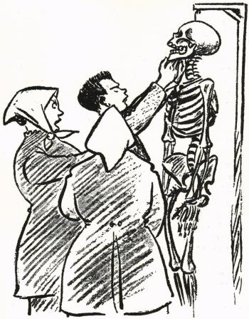 Jag visade flickorna, hur man kunde knäppa med skelettets underkäke.