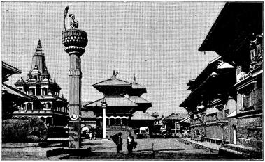 Palats och tempel i en stad å Himalaya.