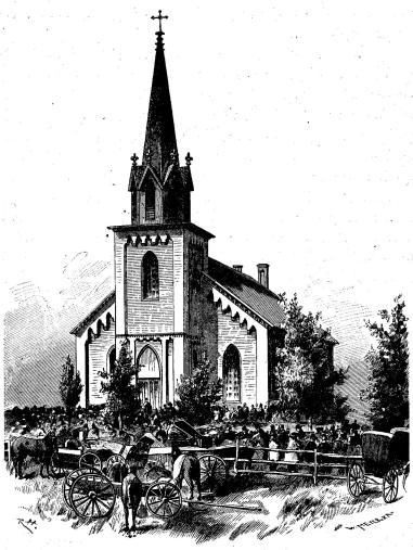 Vasa kyrka med kyrkfolk.