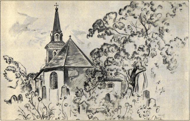 Askers kyrka, koret. Teckning av Axel Åslund.
