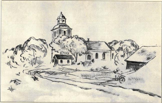 Hallsbärgs kyrka. Teckning av Axel Åslund.