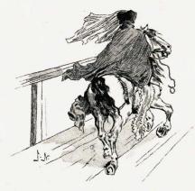 <smalIll. J.N.[=Jenny Nyström]</smal<bDet var fru Bengta, som i raskt traf nalkades öfver bron. (Sid. 27.)