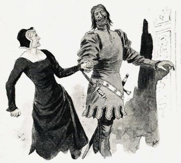 <smalIll. J.N.[=Jenny Nyström]</smal<bDen gröne riddaren förde nu med sin leende min den ädla frun<bmot dörren. (Sid. 41.)