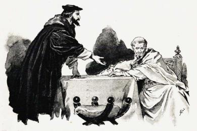 Hans höga panna lade sig i djupa veck under det han stödde armbågen<bmot bordet. (Sid. 56.)