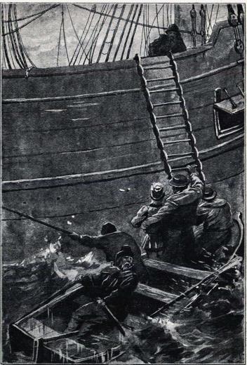 <smalIll. J.N.[=Jenny Nyström]</smal<bRoddarne höllo fast båten vid fallrepstrappan. (Sid. 69.)