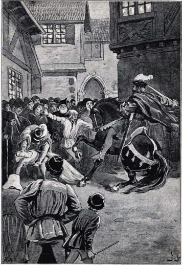 <smalIll. J.N.[=Jenny Nyström]</smal<bNils skyndade hastigt fram och lyfte upp den stackars kvinnan. (Sid. 80.)