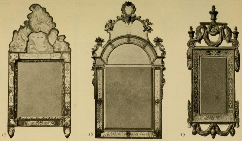Speglar        Spiegel        Mirrors<bFig. 17. H. 65 cm. 1740—60. Rum 61. — Fig. 18. H. 190 cm. 1690—1720. Rum 53. — Fig. 19. H. 98 cm. 1790—1810. Rum 63.
