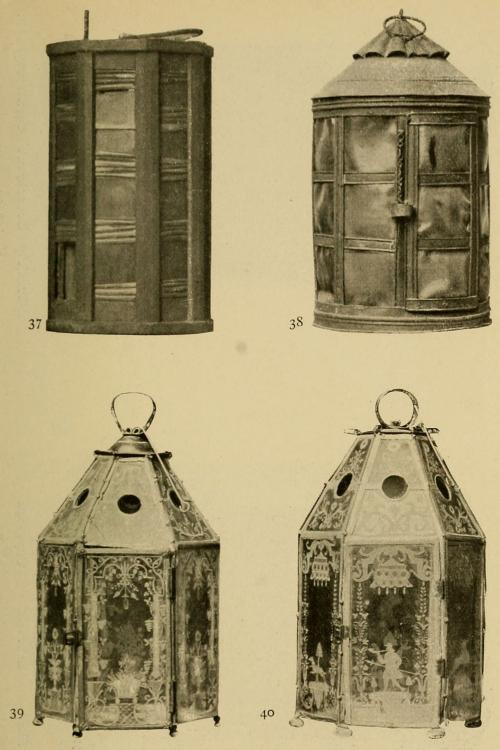 Lyktor          Leuchter          Lanterns<bFig. 37. H. 29 cm. Östergötland. Rum 20. — Fig. 38. Hornlykta. H. 54 cm. Västergötl.<bFig. 39. H. 42 cm.  Fig. 40. H. 45 cm. 1750—75. — Rum 102.