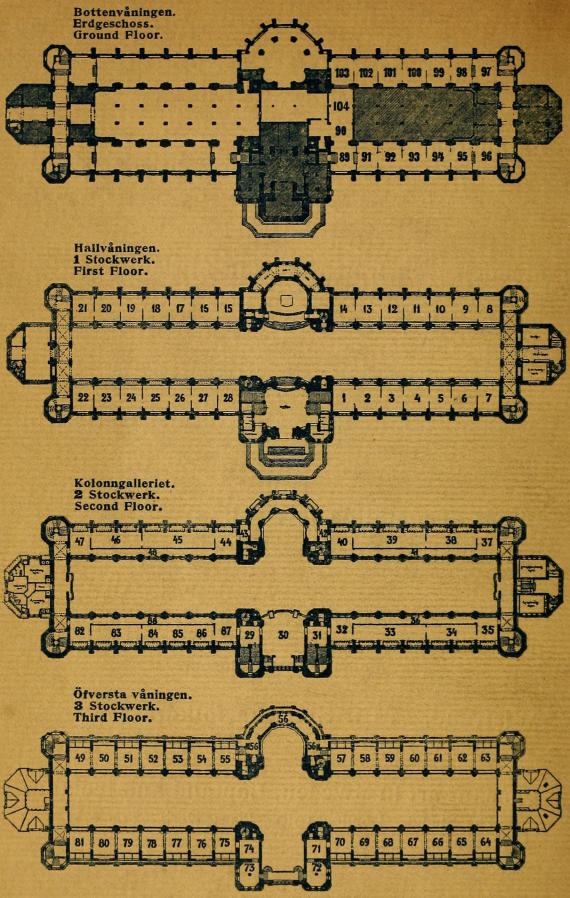 Bottenvåningen.        Erdgeschoss.        Ground Ploor.<bHallvåningen.        1 Stockwerk.        First Floor.<bKolonngalleriet.        2 Stockwerk.        Second Floor.<bÖfversta våningen.        3 Stockwerk.        Third Floor.