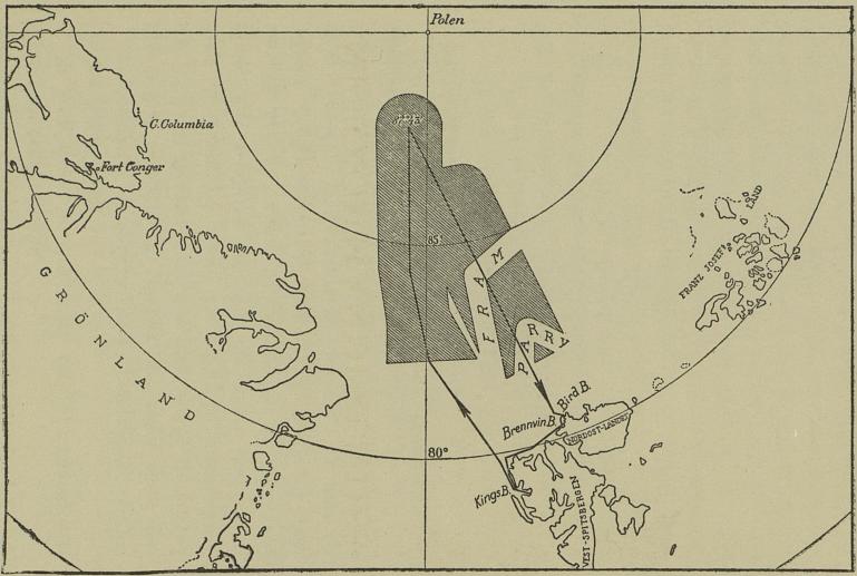 Det skraverte felt viser det hittil ukjente område av jordkloden som ekspedisjonen overskuet.<bDe to belter merket «FRAM» og «PARRY» betegner de områder som blev overskuet på Framekspedisjoen og Parryekspedisjonen.