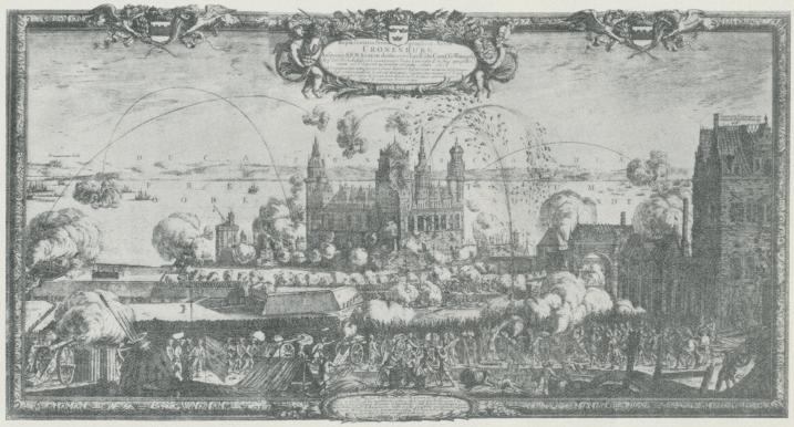 Det svenske angreb på Kronborg 1658. Kobberstik af Erik Dahlbergh i Pufendorfs<b»De rebus a Carolo Gustavo Sueciæ rege gestis».