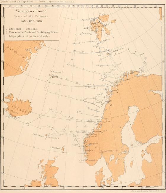 <smalDen private Opmaalings lith. Anstalt. Kristiania.</smal<bVöringens Route.<bTrack of the Vöringen.<b1876 - 1877 - 1878.