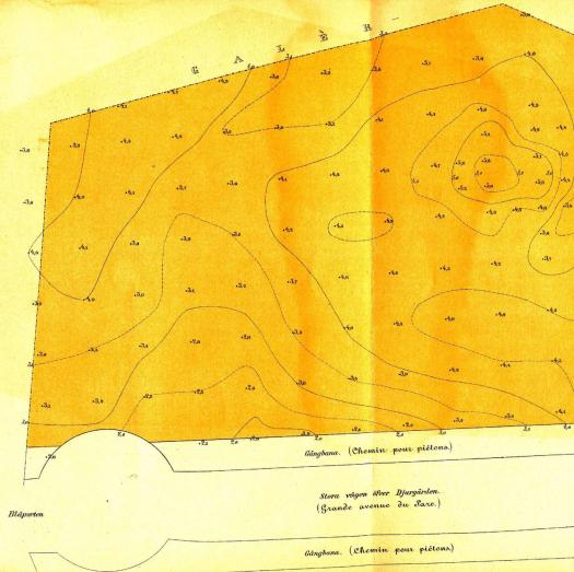 HÖJDKARTA ôfver NORDISKA MUSEETS BYGGNADSPLATS å KUNGL. DJURGÅRDEN.<bCARTE HYPSOMÉTRIQUE du terrain de construction DU MUSÉE DU NORD aux PARC ROYAL (STOCKHOLM). del 1