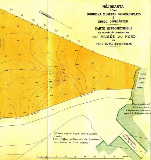 HÖJDKARTA ôfver NORDISKA MUSEETS BYGGNADSPLATS å KUNGL. DJURGÅRDEN.<bCARTE HYPSOMÉTRIQUE du terrain de construction DU MUSÉE DU NORD aux PARC ROYAL (STOCKHOLM). del 2