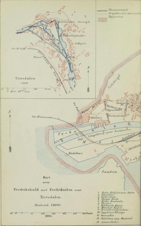 Kart<bover<bFredrikshald med Fredrikssten samt<bTistledalen.<b1884