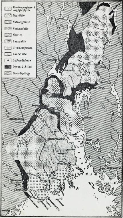 Rhombenporphyre & Augitporphynte.<bGranitite.<bNatrongranite.<bNordmarkite.<bAkerite.<bLaurdalite.<bGlimmersyenite.<bLaurvikite.<bGabbrodiabase.<bDevon &k Silur.<bGrundgebirge.