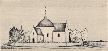 Fig. 12. Våxtorps rundkyrka. Till höger skymtar Hagby rundkyrka. — Pennteckning<bur N. I. Löfgren Calmar stift I. A.T.A.