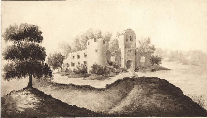 Gyllebo hus (före det nya slottets uppförande 1813). Det runda tornet med trappa i muren härstammar sannolikt från den äldre<bmedeltiden. — Tuschlavering efter teckning i den Rönnbeckska saml. i Lunds Universitetsbibliotek.