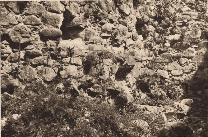 Kronobergs slott. Parti av det medeltida rundtornet innanför den under Gustav Vasa byggda nordöstra rondellen. Övre<blinjen av den nedre våningen är i det inre markerad av bjälkhålen; man kan också följa den i det yttre genom en delvis<bbibehållen stenkrans. På denna har kanske ursprungligen rest sig en överbyggnad av trä. — Foto: Nils Olsson 1938.