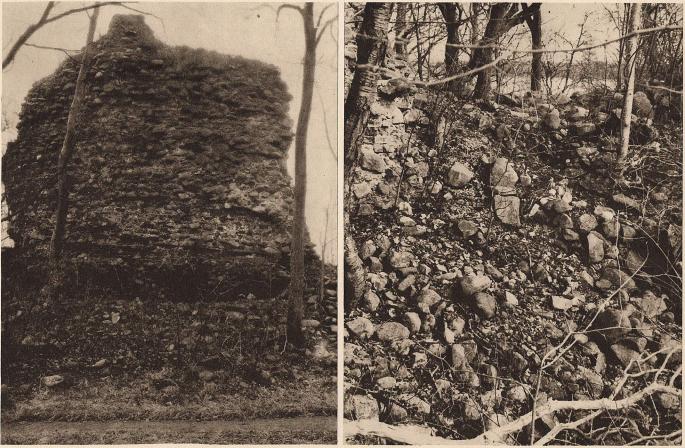 Till vänster den yttre sidan av rundborgen i Sölvesborg, där nederpartiet visar att den varit 12- eller 16-sidig i det yttre. Bilden<btill höger visar ruinens inre på motsatta sidan, där ännu 1804 en del av övermuren stod kvar (jmf. föregående bild). — Foto: B. Berthelson 1912.