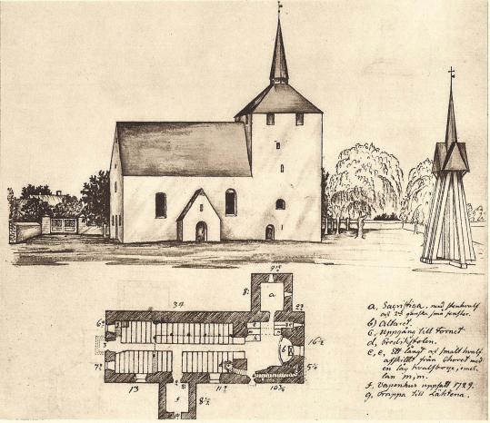 Förlösa kyrkofäste norr om Kalmar med torn över koret, vari absiden är inbyggd. —<bPennteckning ur N. I. Löfgren Calmar stift I. A.T.A.