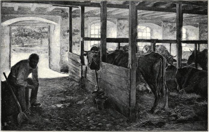 <biMiddagsro i ladugården.</bi<bOljemålning af OSKAR BJÖRCK.