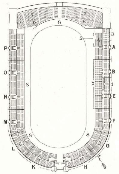 1. Kungl. logen. 2. Loger. 3. Pressen. 4. Kommitterade. 5. Mål.<b6. Platser för deltagare och funktionärer. 7. Ståplatser. 8. Löparebana.<bA—P: beteckning för sektioner och sidoingångar.<bPriser å seriebiljetter se sid. 13.