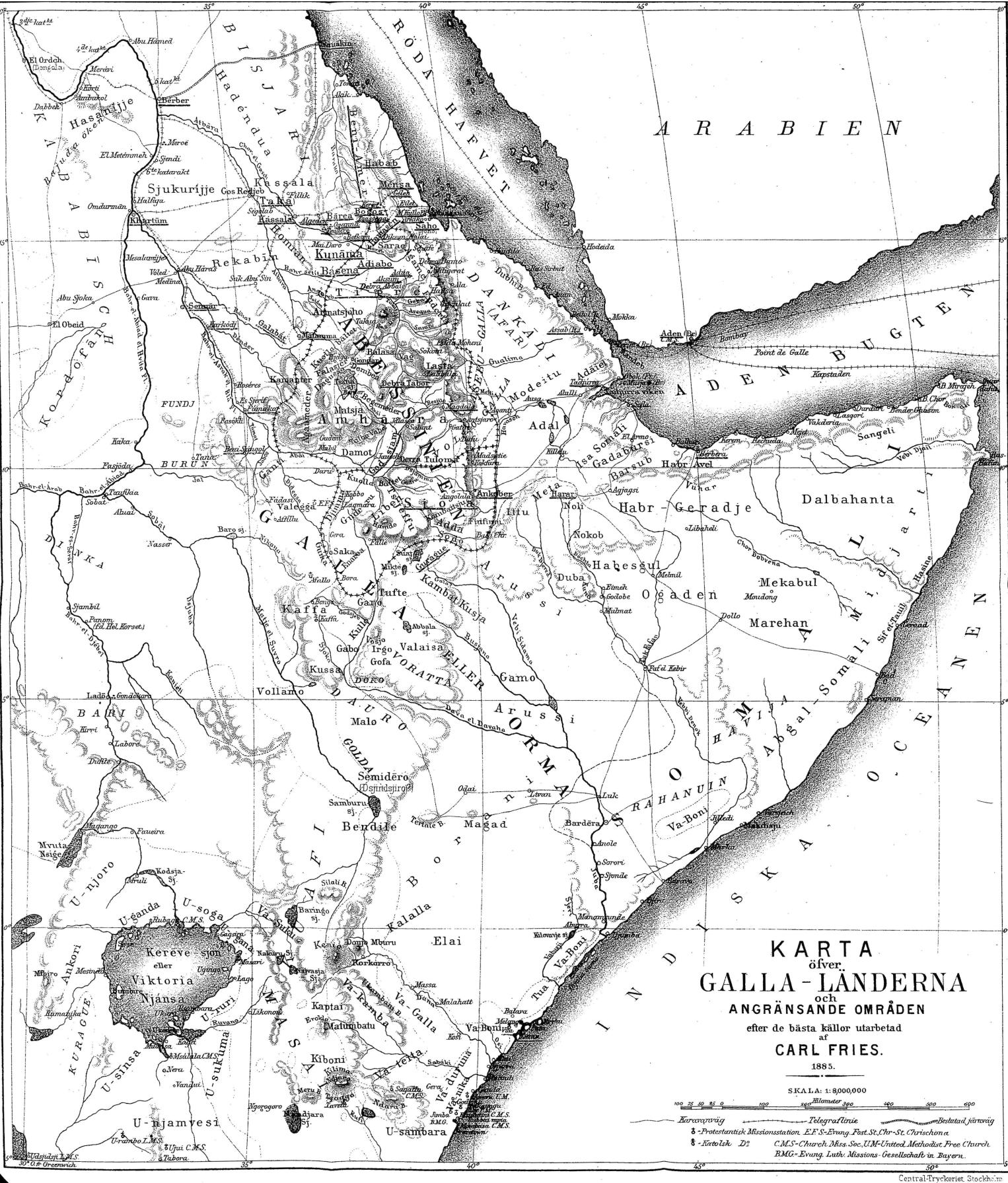 KARTA<böfver<b<biGALLA-LÄNDERNA</bi<boch<bANGRÄNSANDE OMRÅDEN<befter de bästa källor utarbetad<baf<bCARL FRIES.<b1885.