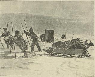 Paa indlandsisen. Opbrud om morgenen.<b(Tegnet af A. Bloch efter fotografi)