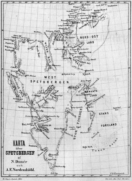Karta öfver Spetsbergen af N. Dunér och A. E. Nordenskiöld.