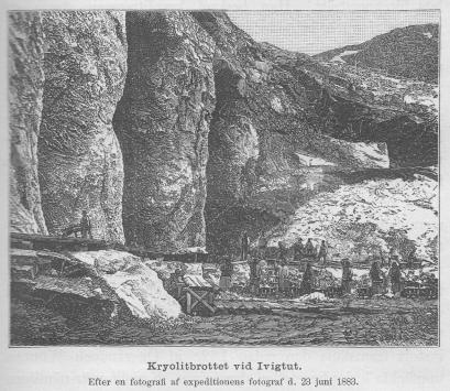 <smalIll. W. MEYER, X. A.</smal<bKryolitbrottet vid Ivigtut.<bEfter en fotografi af expeditionens fotograf d. 23 juni 1883.