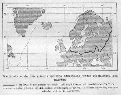 Karta utvisande den glaciala driftens utbredning under glacialtiden och nutiden.<b————  södra gränsen för glaciala flyttblocks spridning i Europa, enl. meddelande af <span class=