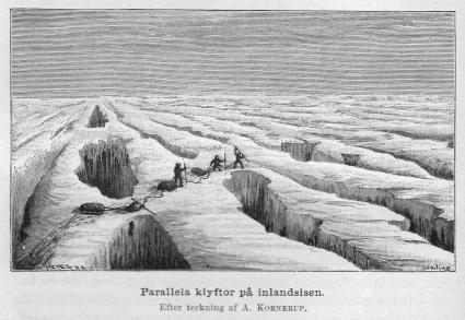 <smalIll. W. MEYER, X. A. O. Sörling</smal<bParallela klyftor på inlandsisen.<bEfter teckning af <span class= <smalIll. W. MEYER, X. A. O. Sörling</smal<bParallela klyftor på inlandsisen.<bEfter teckning af <span class=