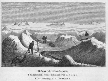 <smalIll. W. MEYER, xyl.                        O. Sörling</smal<bElfvar på inlandsisen.<bI bakgrunden synas nunatakkerna g, h och i.<bEfter teckning af <span class=