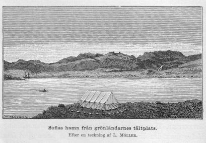 <smalIll. W. MEYER, X. A.</smal<bSofias hamn från grönländarnes tältplats.<bEfter en teckning af <span class=
