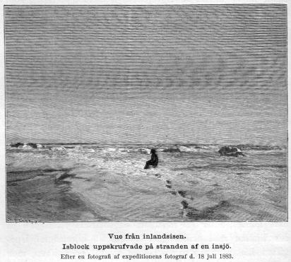 <smalIll. W. MEYER, X. A.</smal<bVue från inlandsisen.<bIsblock uppskrufvade på stranden af en insjö.<bEfter en fotografi af expeditionens fotograf d. 18 juli 1883.