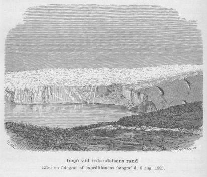 <smalIll. R. H.[=Haglund]                        W. MEYER, X. A.</smal<bInsjö vid inlandsisens rand.<bEfter en fotografi af expeditionens fotograf d. 6 aug. 1883.