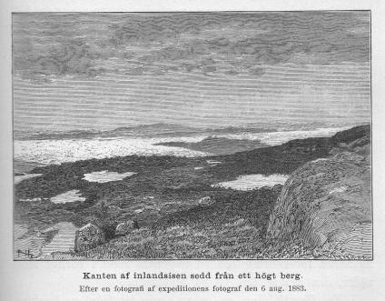 <smalIll. R. H.[=Haglund]                        W. MEYER, X. A.</smal<bKanten af inlandsisen sedd från ett högt berg.<bEfter en fotografi af expeditionens fotograf den 6 aug. 1883.