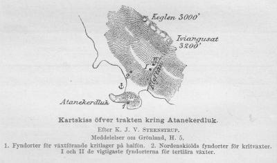 Kartskiss öfver trakten kring Atanekerdluk.<bEfter <span class=