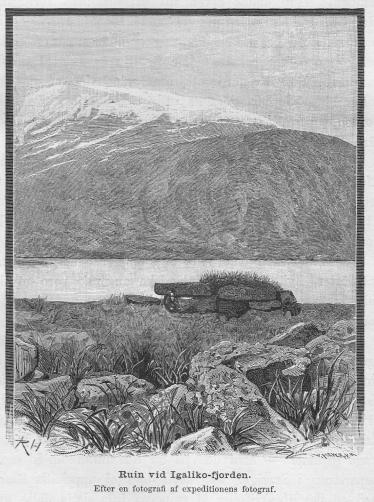 <smalIll. R. H.[=Haglund]                        W. MEYER, X. A.</smal<bRuin vid Igaliko-fjorden.<bEfter en fotografi af expeditionens fotograf.