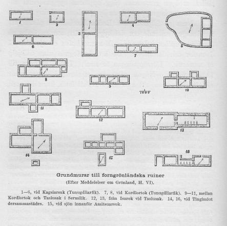 Grundmurar till forngrönländska ruiner<b(Efter Meddelelser om Grönland, H. VI).<b1—6, vid Kagsiarsuk (Tunugdliarfik). 7, 8, vid Kordlortok (Tunugdliarfik). <b 9—11, mellan Kordlortok och Tasiusak i Sermilik. 12, 13, från Isarok vid Tasiusak. <b 14, 16, vid Tingimiut dersammastädes. 15, vid sjön innanför Amitsuarsuk.