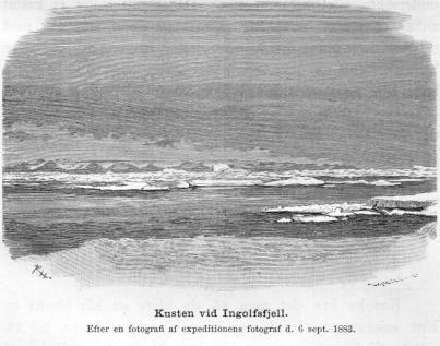 <smalIll. R. H.[=Haglund]                        W. MEYER, X. A.</smal<bKusten vid Ingolfsfjell.<bEfter en fotografi af expeditionens fotograf d. 6 sept. 1883.