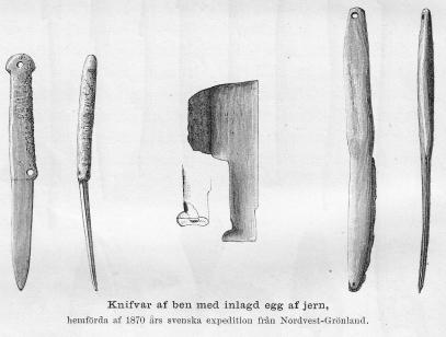 Knifvar af ben med inlagd egg af jern,<bhemförda af 1870 års svenska expedition från Nordvest-Grönland.