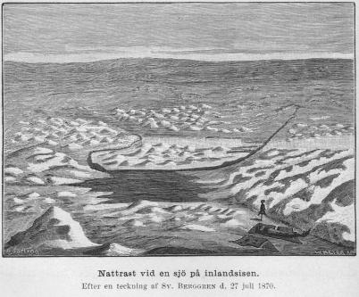 <smalIll. O. Sörling                        W. MEYER, X. A.</smal<bNattrast vid en sjö på inlandsisen.<bEfter en teckning af <span class=